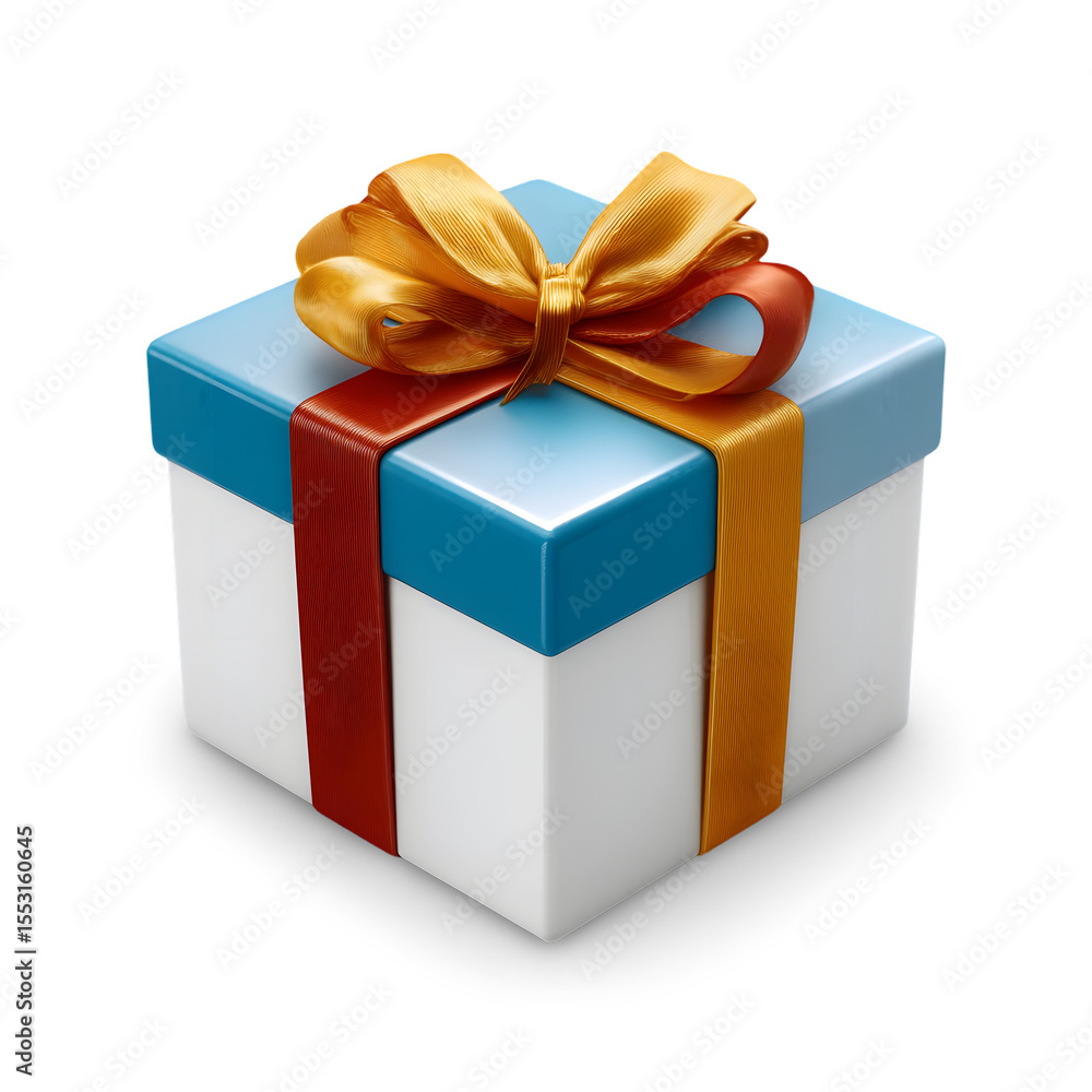 Obraz premium Gift Box Delight: A pristine gift box, adorned with a radiant golden ribbon, sits elegantly. the colorful present evokes feelings of joy and celebration, perfect for any special occasion.