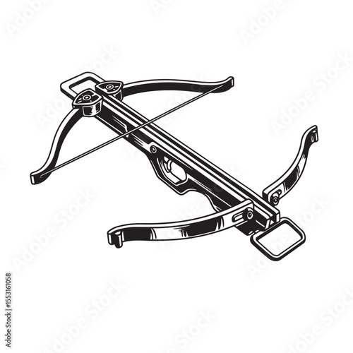 Detailed vintage art silhouette of a hand crossbow depicting an archery weapon commonly used for hunting or combat purposes