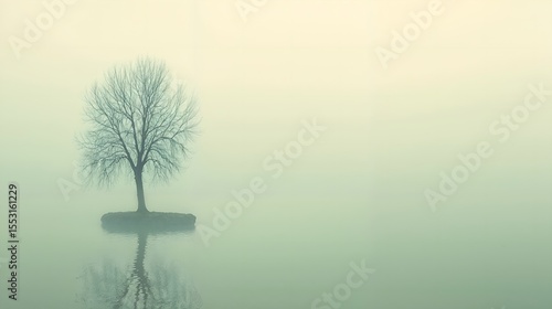 Lonely tree in the middle of calm reflective water surrounded by thick fog.