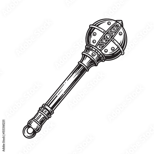 Detailed vintage art silhouette of a medieval weapon mace depicting historical warfare and heraldic elements.