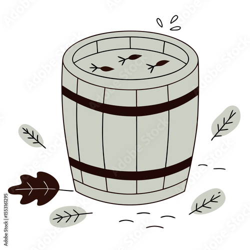 Wooden barrel filled with water and mosquito larvae surrounded by leaves  