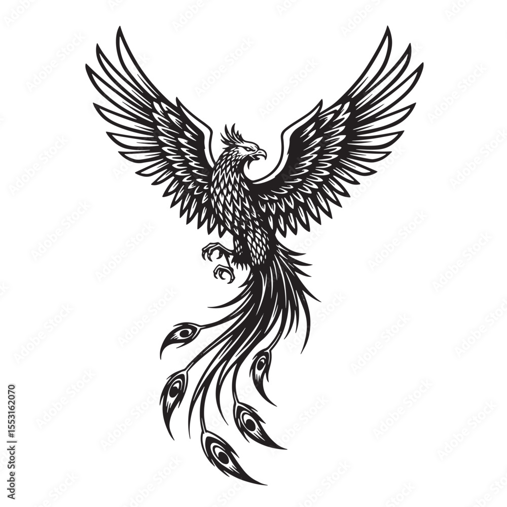 Fototapeta premium Elegant vintage art silhouette of a majestic mythical phoenix with wings outspread and intricate feather detailing