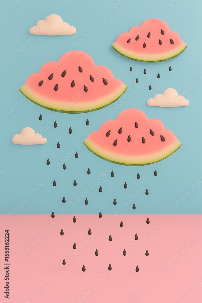 Watermelon slice-shaped clouds floating in a soft pastel blue sky — black seeds gently falling like rain onto a pink field
Watermelon slice-shaped clouds floating in a soft pastel blue sky — black seeds gently falling like rain onto a pink field