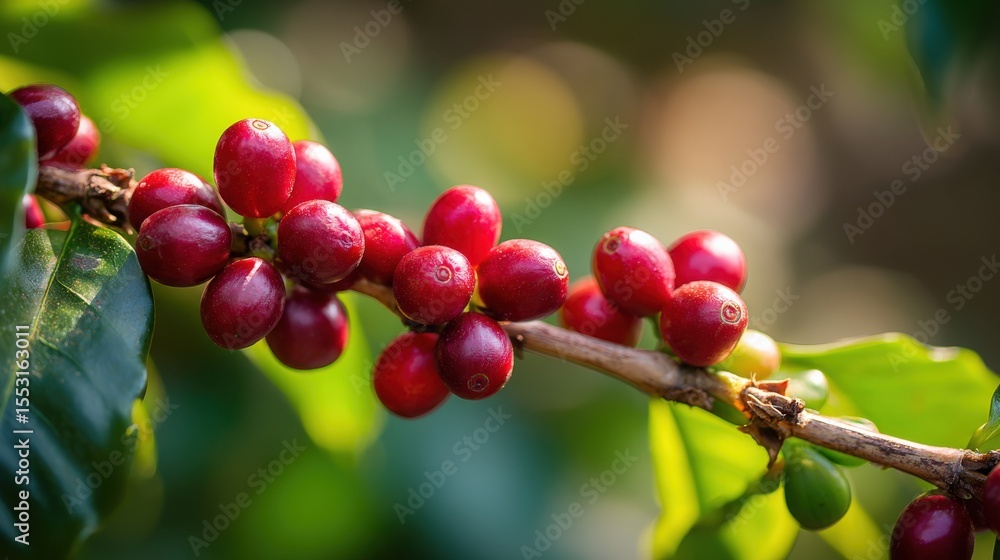 Close-up of ripe red coffee cherries growing in clusters on a vibrant green branch under soft sunlight. Close-up of ripe red coffee cherries growing in clusters on a vibrant green branch under soft sunlight.