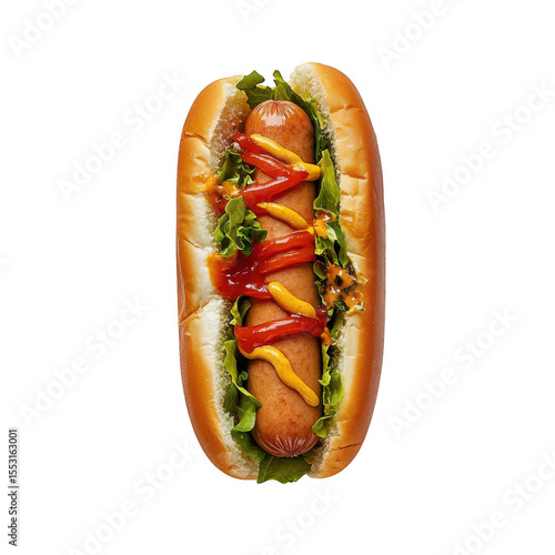 Delicious Hot Dog with Ketchup Mustard and Lettuce in Soft Bun isolated on a transparent background hotdog