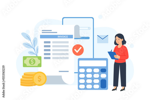 Online invoice payment, electronic invoice, payroll online payment concept, invoice sheet, Calculate salary, budget, Salary, salary payroll system, automatic payment. Vector illustration