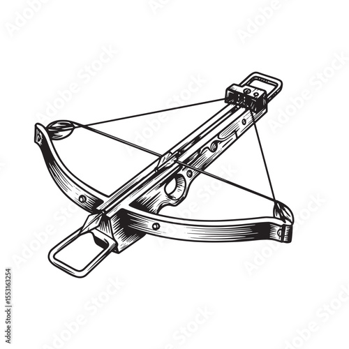 Intricately detailed vintage art silhouette depiction of a crossbow weapon in a classic hand drawn style