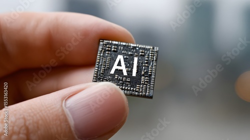 Close-up of AI microchip held between fingers for artificial intelligence technology