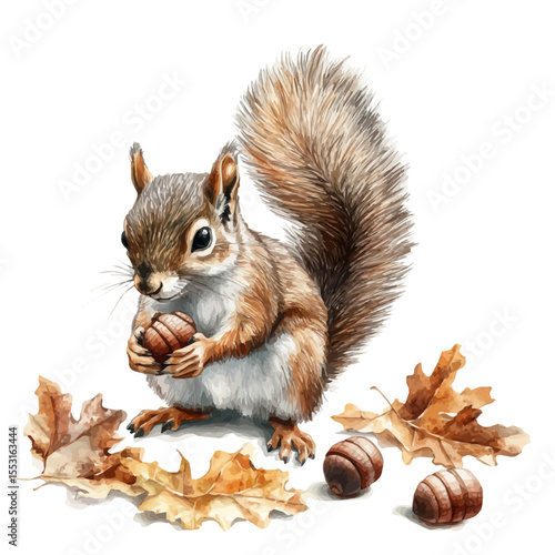 Squirrel Gathering Acorns Quickly, watercolor illustration vector, isolated on a white background.