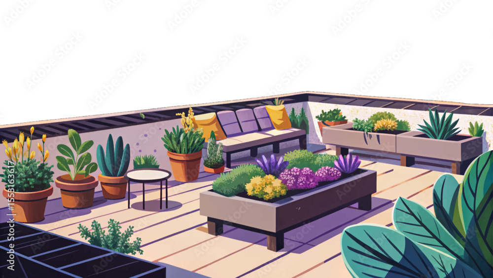 Obraz premium Modern urban rooftop garden with minimalist design, clean lines, potted plants, and city skyline vector perfect for eco-living and contemporary architecture themes