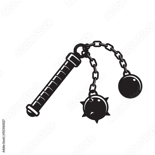 Vector illustration of a medieval flail weapon in a classic vintage art silhouette with two spiked balls