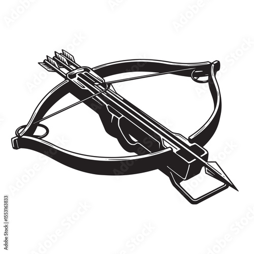 Vector illustration of a classic black and white crossbow with arrows and an antique vintage art silhouette