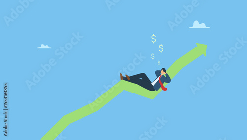 Businessman investor relax and sleep on growing graph. Success investment earn more profit or easy growing return mutual fund, make money from cryptocurrency trading or dream about being rich.