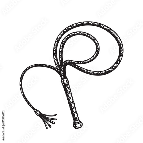 Vintage art silhouette of a leather whip with braided handle and tassels isolated on white background