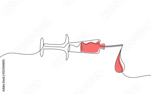 Minimalist Continuous one line vector of a syringe with red fluid and a blood drop at the needle tip, symbolizing medical injection or blood test. Editable stroke