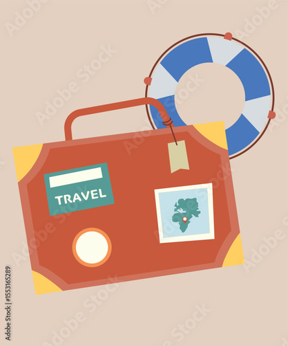 Flat Design Illustration with Bag and Lifebuoy	