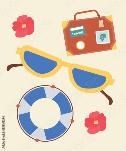 Flat Design Illustration with Set at Bag and Lifebuoy, Sunglasses, Flower 	