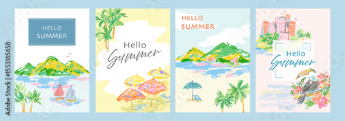 Vector summer cards set with pastel style islands, the ocean, yachts, palm trees, beach umbrellas, hibiscus flowers, tropical buildings, and toucans.