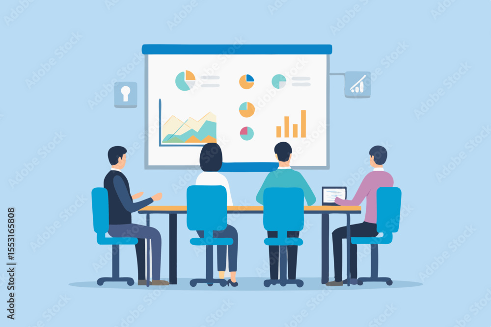 Business meeting illustration with presentation of data analysis and financial report charts and graphs Business meeting illustration with presentation of data analysis and financial report charts and graphs