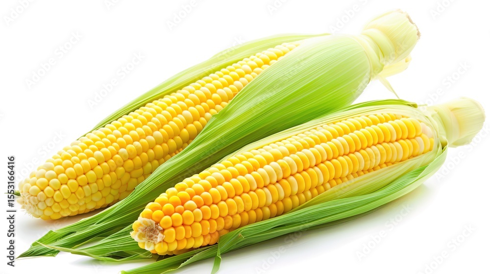 Fresh, vibrant yellow corn on the cob isolated on a clean white background, presenting a mouth - watering and healthy food option. Ideal for food - related projects, this image showcases the natural Fresh, vibrant yellow corn on the cob isolated on a clean white background, presenting a mouth - watering and healthy food option. Ideal for food - related projects, this image showcases the natural