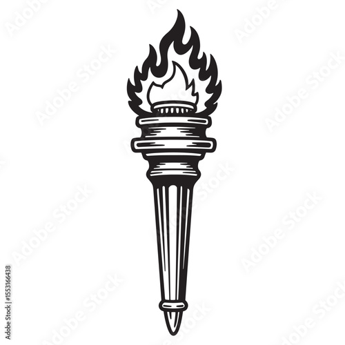A classically styled vintage art silhouette featuring a burning torch with detailed flames and a striking black and white appearance