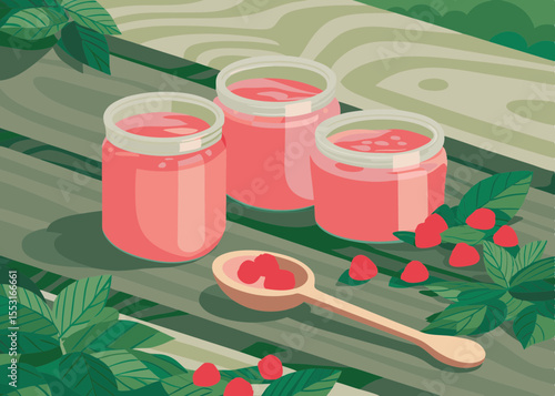 Raspberry Jam Jars with Fresh Berries on Wooden Table for Food Blogs, Summer Recipes, Cooking Articles, Homemade Preserves, and Garden Fresh Content  