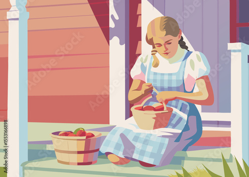 Girl Preparing Jam from Fresh Apples on Porch for Summer Recipes, Home Cooking Blogs, Seasonal Lifestyle Websites, and Family Heritage Articles  