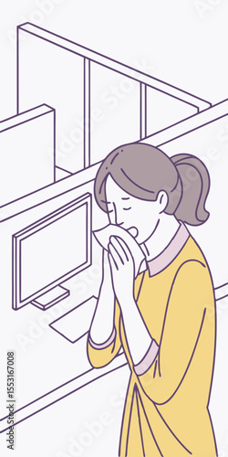 Her shoulders slump as she sneezes into a tissue, visibly battling frustration in the office environment.