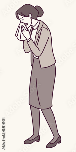 A tissue covers her face as she sneezes, irritation and fatigue evident in the businesswoman's demeanor.