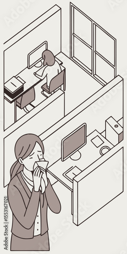 In an open-plan office, a woman sneezes into a tissue, eyes squeezed shut in discomfort.