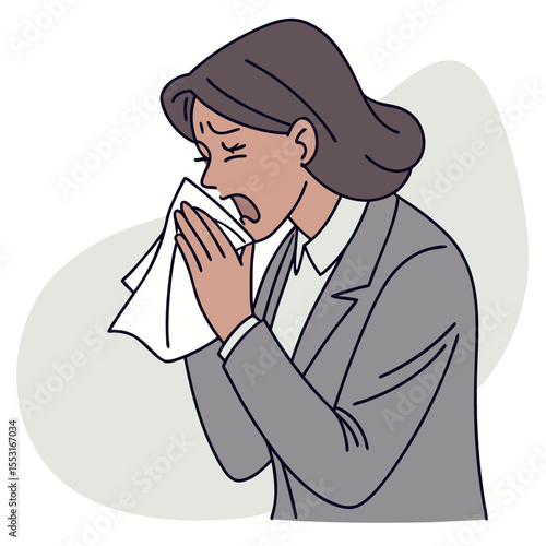 The professional woman sneezes loudly into a tissue, visibly distressed by her lingering illness.