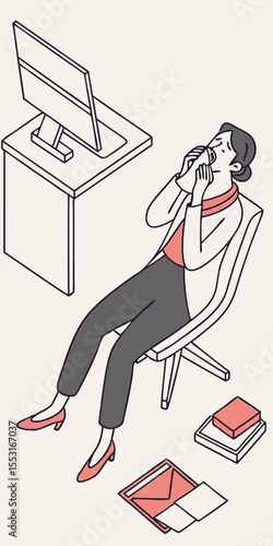 The businesswoman leans back in her chair, sneezing into a tissue, clearly fed up with her day.