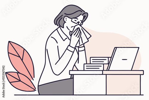 The professional woman sneezes into a tissue, visibly irritated, as she sits surrounded by office documents.
