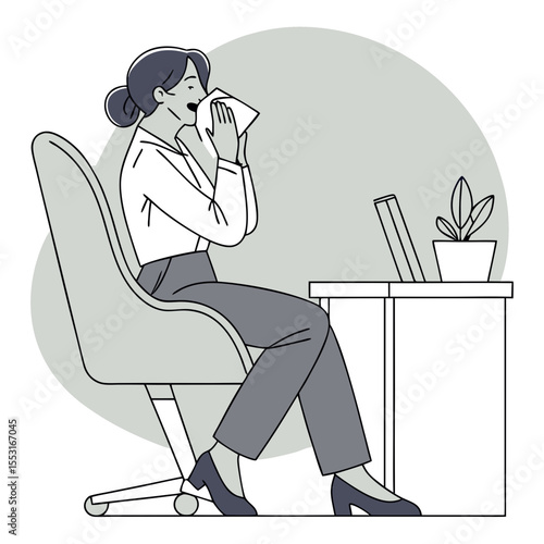 Sitting in a sleek office chair, she sneezes into a tissue, her irritation breaking through her professional exterior.