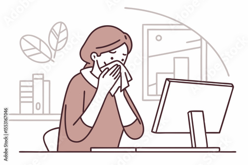 Sitting at her desk, the woman sneezes forcefully into a tissue, annoyance written all over her face.