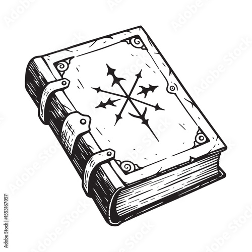 A detailed vintage art silhouette style illustration of a closed grimoire with decorative clasps and a central emblem.