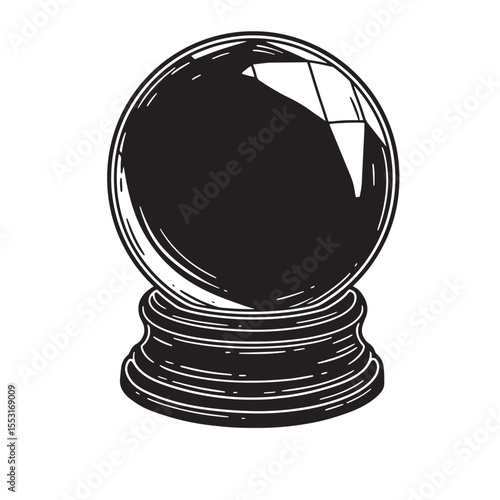 Classic illustration of a crystal ball revealing insights and predictions in vintage art silhouette style