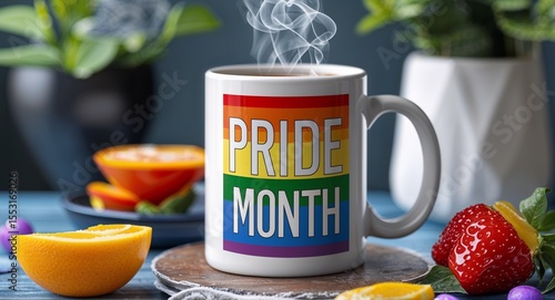 pride month lettering on coffee mug at table