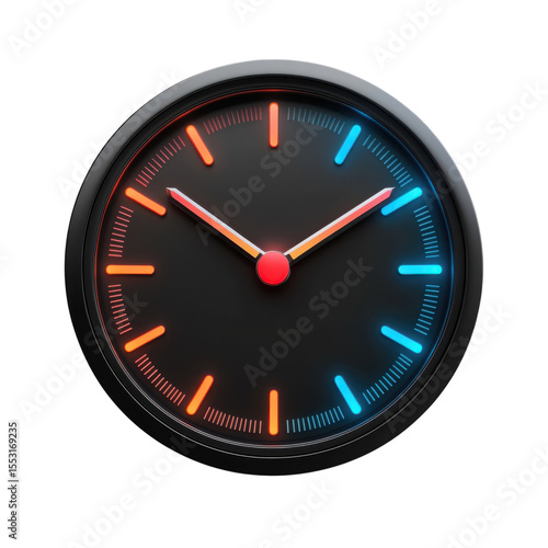 3D analog clock icon with blue and orange glow isolated on Transparent Background
