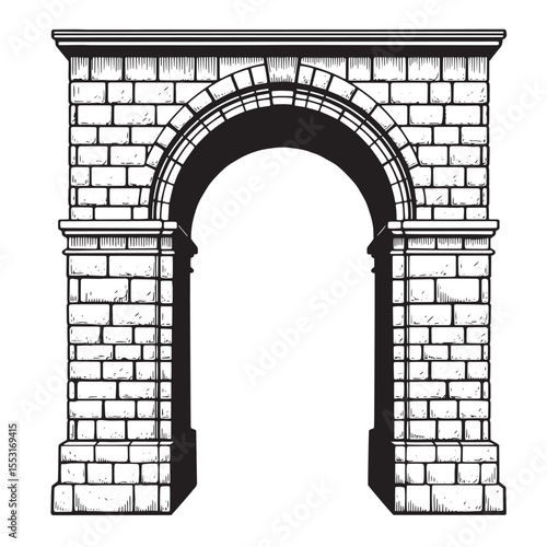 Detailed illustration of a classic roman archway architectural structure in vintage art silhouette style