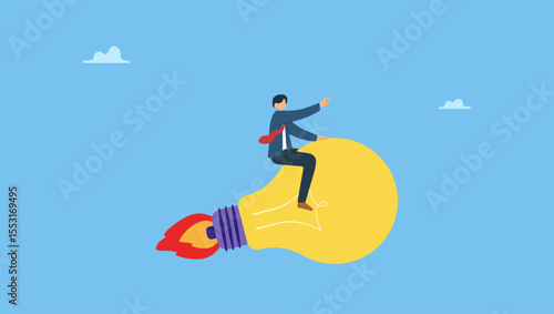 Fotografía Vector illustration of businessman leader riding flying bright lightbulb lamp with rocket booster