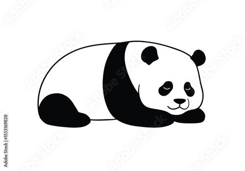 Lazy panda drawing. It is a black and white outline image of a lazy panda drawing, a plump bear comfortably resting. Vector sketch line art draw.