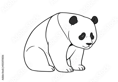 Sad panda drawing. It is a black and white outline image of a sad panda drawing, a pensive bear with a downcast expression. Vector sketch line art draw.