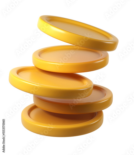 3d finance rendering icon of a stack background, shiny gold coins leaning against a transparent of perfect for investment concept
