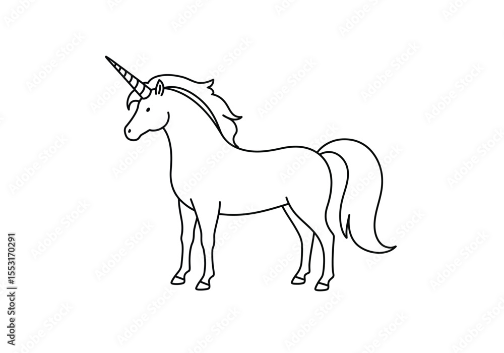 Unicorn horse drawing. It is a black and white outline image of a unicorn horse drawing, a graceful mythical creature with a prominent horn. Vector sketch line art draw. Unicorn horse drawing. It is a black and white outline image of a unicorn horse drawing, a graceful mythical creature with a prominent horn. Vector sketch line art draw.