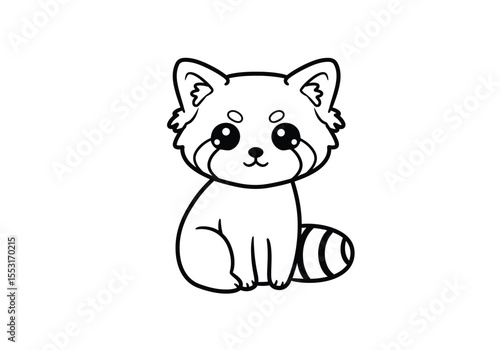 Kawaii red panda drawing. It is a black and white outline image of a kawaii red panda drawing, a super cute and charming animal. Vector sketch line art draw.