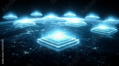 Futuristic landscape showcasing glowing microchips connected over a digital network, symbolizing innovation and global connectivity in technology.