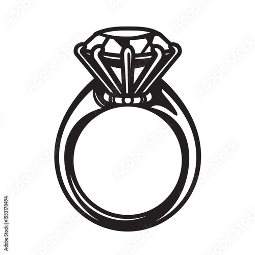 Elegant black and white vintage art silhouette illustration of a diamond engagement ring ideal for wedding invitations and graphic design projects.