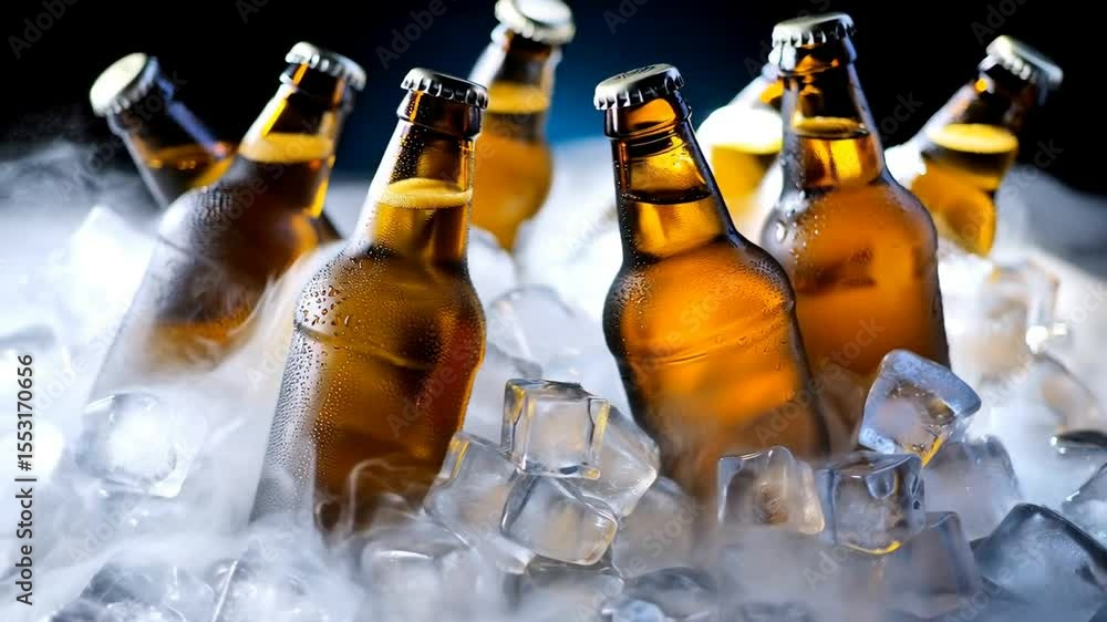 Botellines de cerveza frescos, entre cubos de hielo