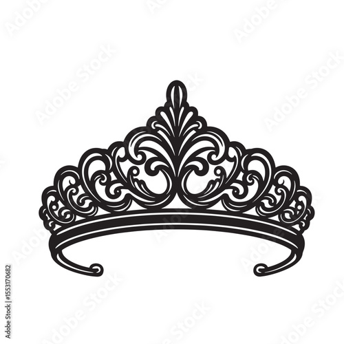 Elegant black and white vintage art silhouette of a royal crown representing royalty and sophistication on white background